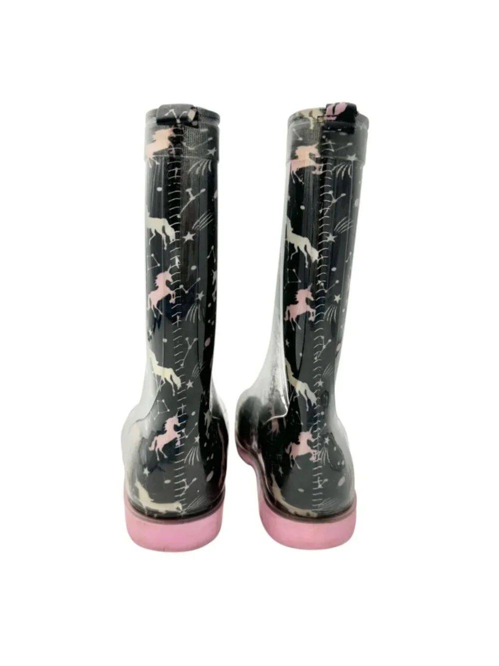 Capelli New York Rain Boots Girls Size 4 Rubber Black and Pink Unicorn Print